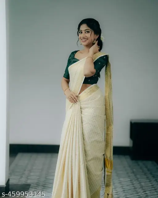 Kerala Kasavu Pure Cotton White Cream Saree