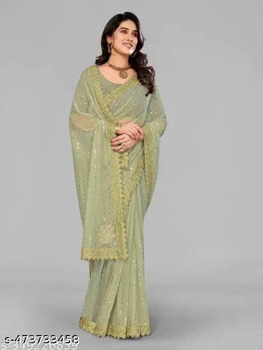 Women's Shimmer Embellished Party Wear Saree with Fancy Lace