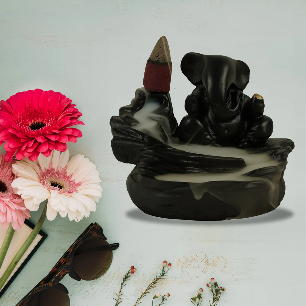 Smoke Fountain Ganesha Idol Decoration Items with 8 Pc Backflow Incense Cones Sticks 