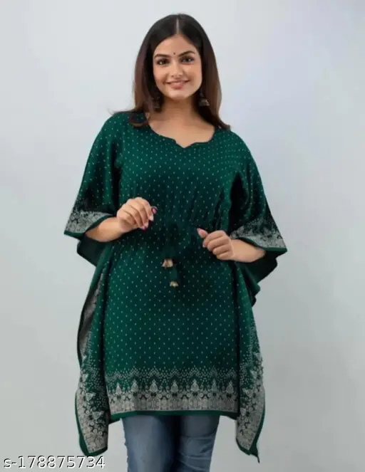 Stylish Dark Green Border Printed Women Kaftan With Doori