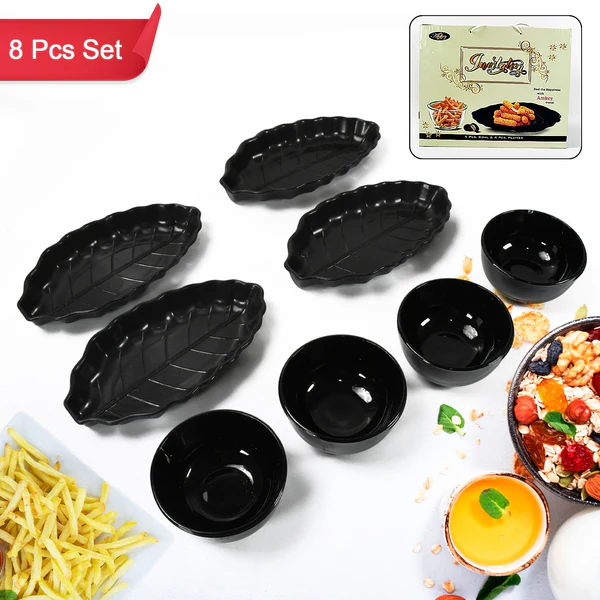 Invitation Round Ceramic Snacks Bowl With Plastic Leaf shape Serving platter Portable ( 8Pcs Set)