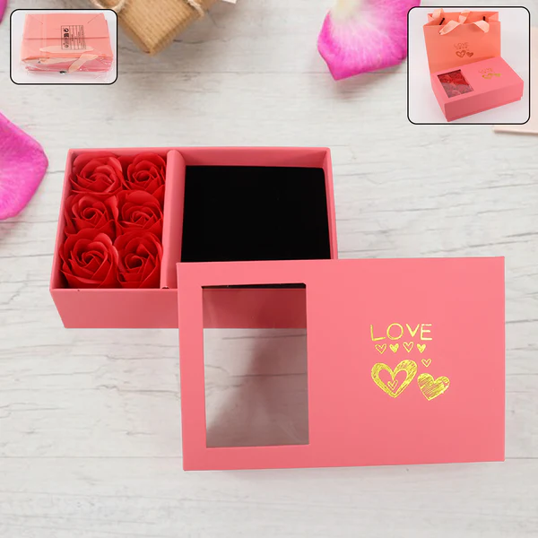 Jewellery Gift Box with Lids & Roses Packaging Box with 6 Roses (1 Set)