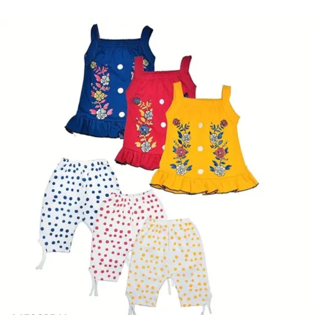  KUSHI LIFESTYLE Baby Girls Summer Dress Suits Printed Cotton Top & Capri (Pack of 3 (3 Tops + 3 Pants)