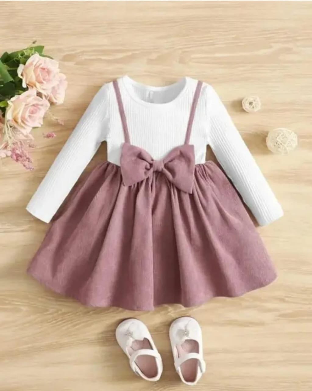 Baby Girl Faux Two-Piece Bow Front Casual Cute Sweet Dress, Comfortable For Spring And Autumn