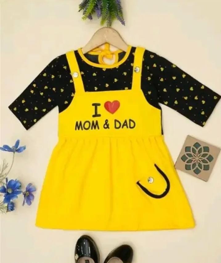 Baby Girls Above Knee Casual Dress Trending Dress Comfortable Cotton Trendly Baby Girl Yellow Dress / I Love Mom Dad