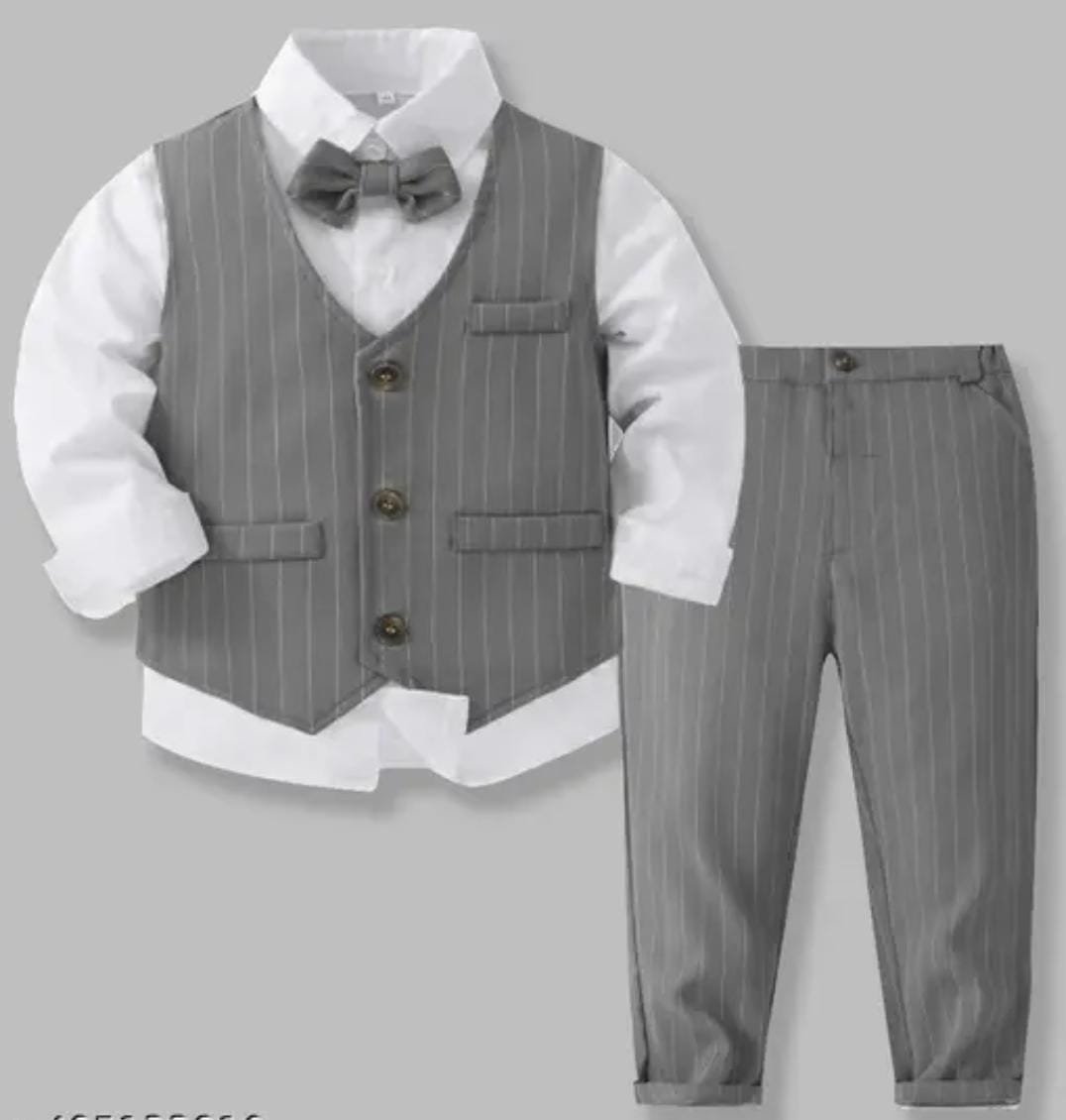 Bestselling white shirt and dark grey pant suit pant set for baby boys and baby girls