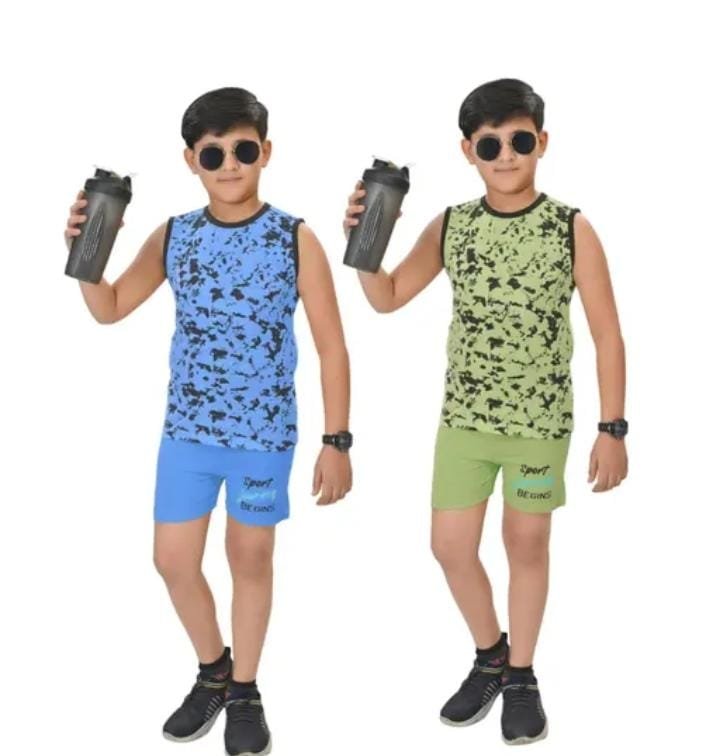 Kids T-Shirt With Short Clothing Set For Boys Cotton Vest Sleeveless Round Neck T-Shirt Pack Of 2 (Green With Blue)