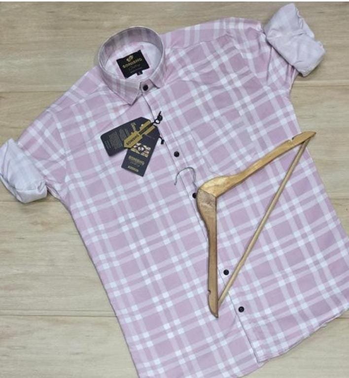 Men's Party Wear Causal Solid Full Sleeves Printed Cotton Checks Premium Shirt (Light Pink) By SONISHQ