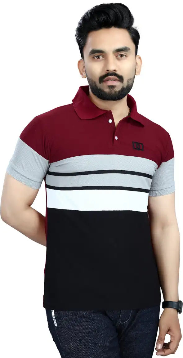 Lonaxa Striped Men Polo Neck Reversible Maroon T-Shirt