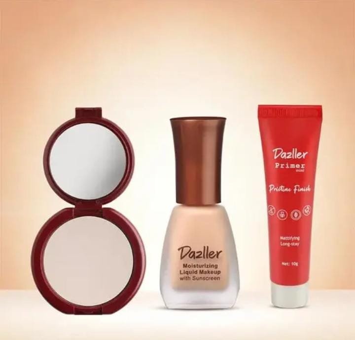 Dazller Face Essentials - (Cream, 8016), Moisturizing Liquid Makeup, 12mL + Classique Compact Powder, 9g + Pristine Finish Primer, 10g - Lightweight, Long Stay, No-makeup Look