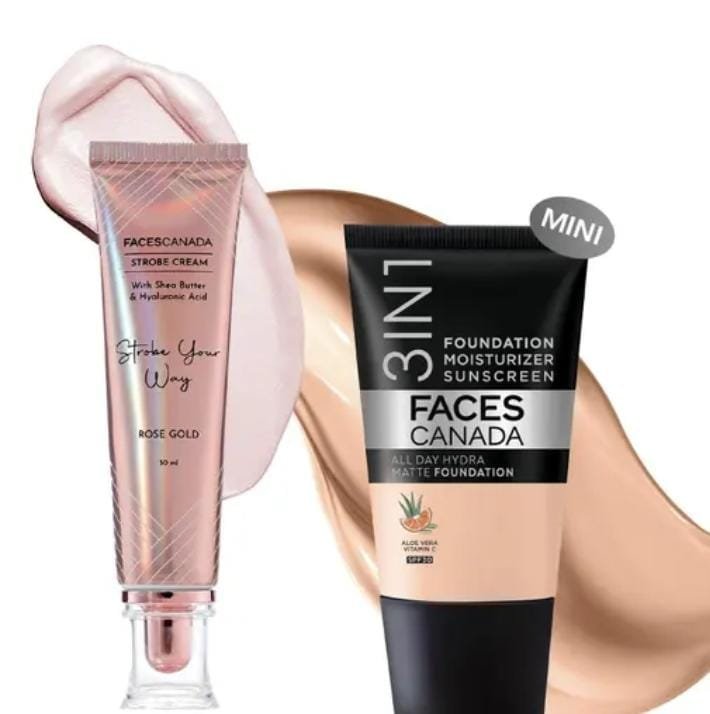 FACES CANADA Rose Glow Kit | Rose Gold Strobe Cream (30ml) + Rose Ivory All Day Hydra Matte Mini Foundation (18ml) | Makeup Kit For Women (Combo Pack of 2)