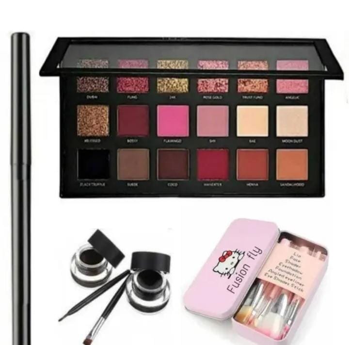 Smudge Proof HDA64 Makeup Beauty Kajal & Black & Brown Gel Eyeliner & Long Lasting Set of 7 Beauty Makeup Mini Pink Brush & Rose Gold Eyeshadow Palette (5 Items in the set)