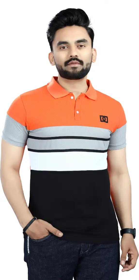 Lonaxa Striped Men Polo Neck Reversible Orange T-Shirt
