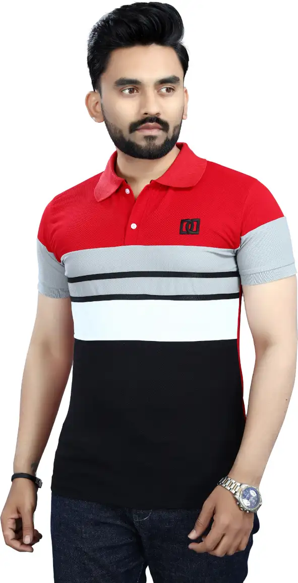 Lonaxa Striped Men Polo Neck Reversible Red T-Shirt