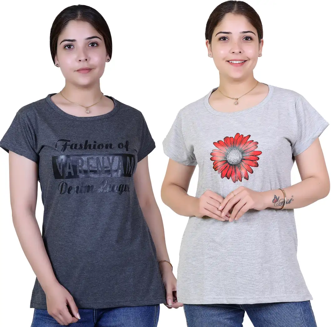 Printed Women Grey T-Shirt (Pack of 2)