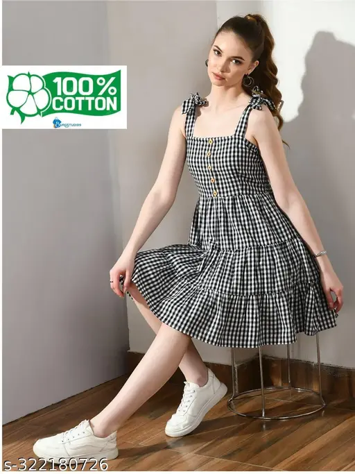 Black & White Cotton Gingham Check Tiered Dress