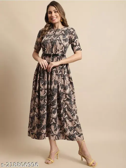Women's Black Printed Knee-Length Dress With Belt (Gown-103)
