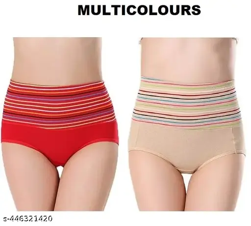 PACK 2 TUMMY MULTICOLOURS - Women's Cotton High Waist Tummy Control/Tummy Tucker Panties Brief Full Coverage Shapewear Underwear