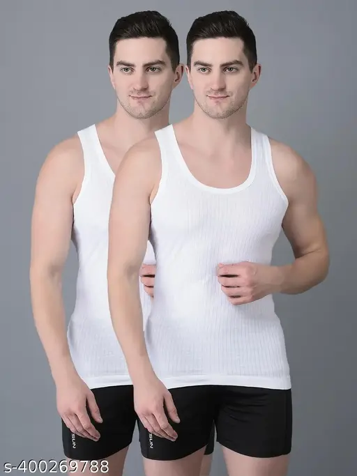 Dollar Men's Solid Round White Innerwear Vests Pack of 2