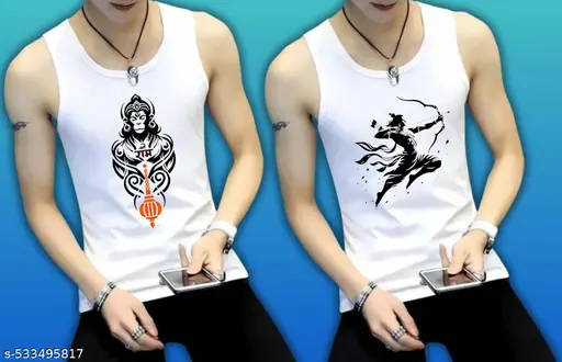 Hanuman Ji Ram ji Sleeveless Vest Combo | Men’s Jai Shree Ram Printed Baniyan Set | Best Bhagvan Sando in Polyester fabric in White colour