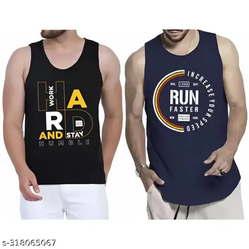 Fastcolor Men's Printed Black Innerwear Vests Pack 2