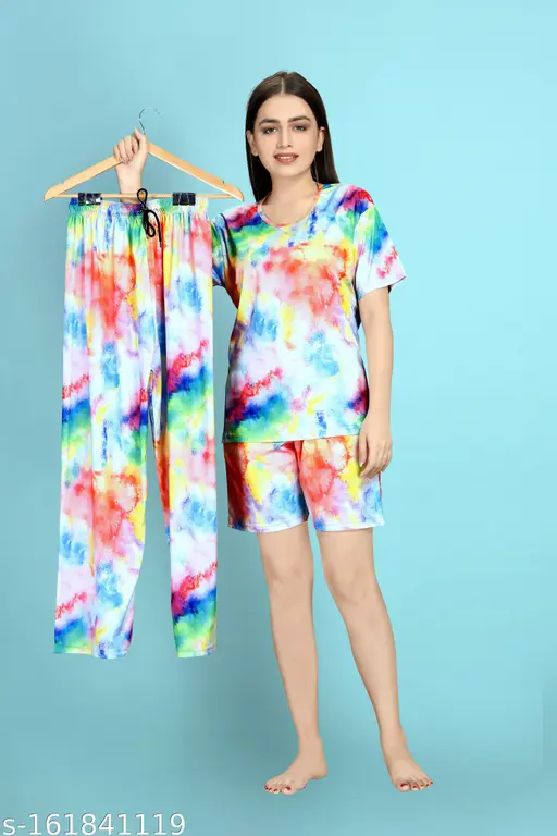 Women Printed Night Suit Set - Women Nightwear -Women 3 Piece Combo- Nightdress Set For Women And Girl -Women T-Shirt, Shorts & Pyjama Set Night suit