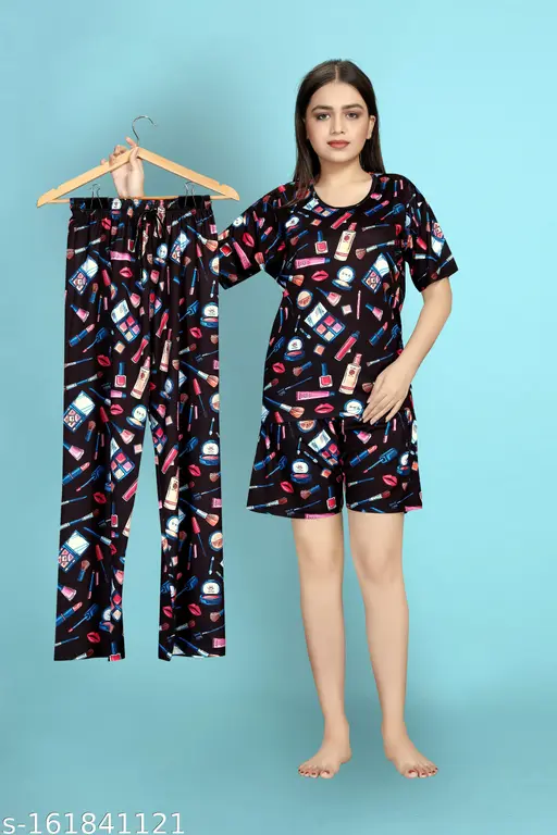 Women Printed Night Suit Set - Women Nightwear -Women 3 Piece Combo- Nightdress Set For Women And Girl -Women T-Shirt, Shorts & Pyjama Set Night suit