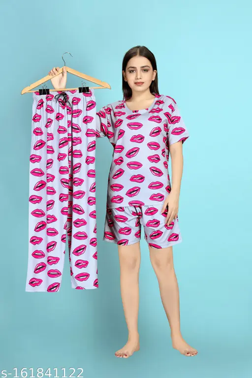 Women Printed Night Suit Set - Women Nightwear -Women 3 Piece Combo- Nightdress Set For Women And Girl -Women T-Shirt, Shorts & Pyjama Set Night suit