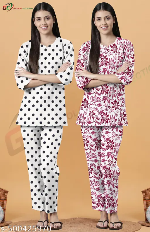 Cotton fabric night wear set Combo White dot + Brown
