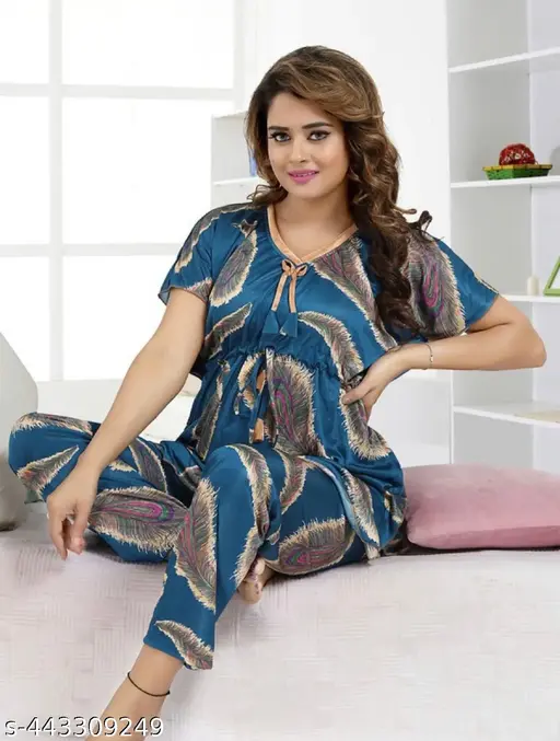 """""Women’s All Over Printed Satin Kaftan Night Suit"""""Top Pyjama Set"""""Blue