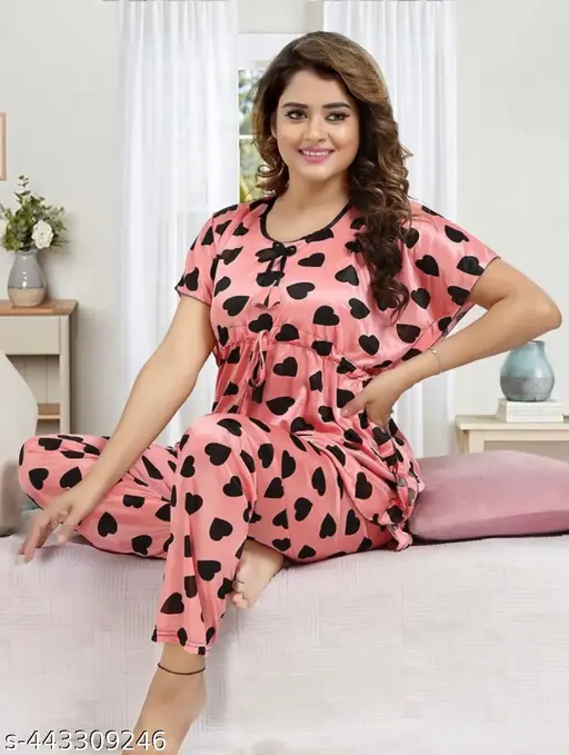 """""Women’s All Over Printed Satin Kaftan Night Suit"""""Top Pyjama Set"""""