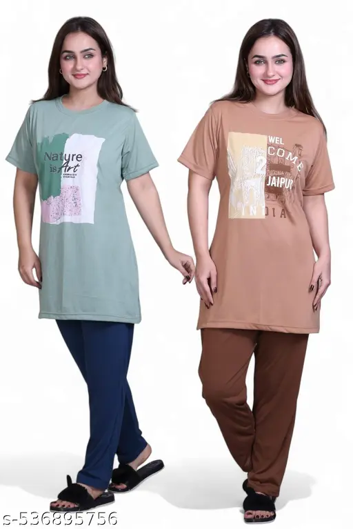 Women's Cotton Nightwear Set | Round Neck Printed Half Sleeve Top & Bottom | Casual Summer Wear Half sleeve Long Night suit for Women
