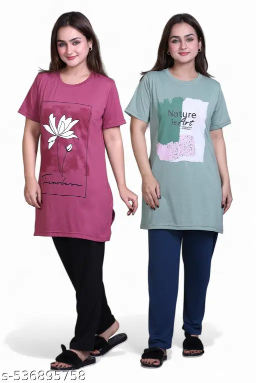 Women's Cotton Nightwear Set | Round Neck Printed Half Sleeve Top & Bottom | Casual Summer Wear Half sleeve Long Night suit for Women
