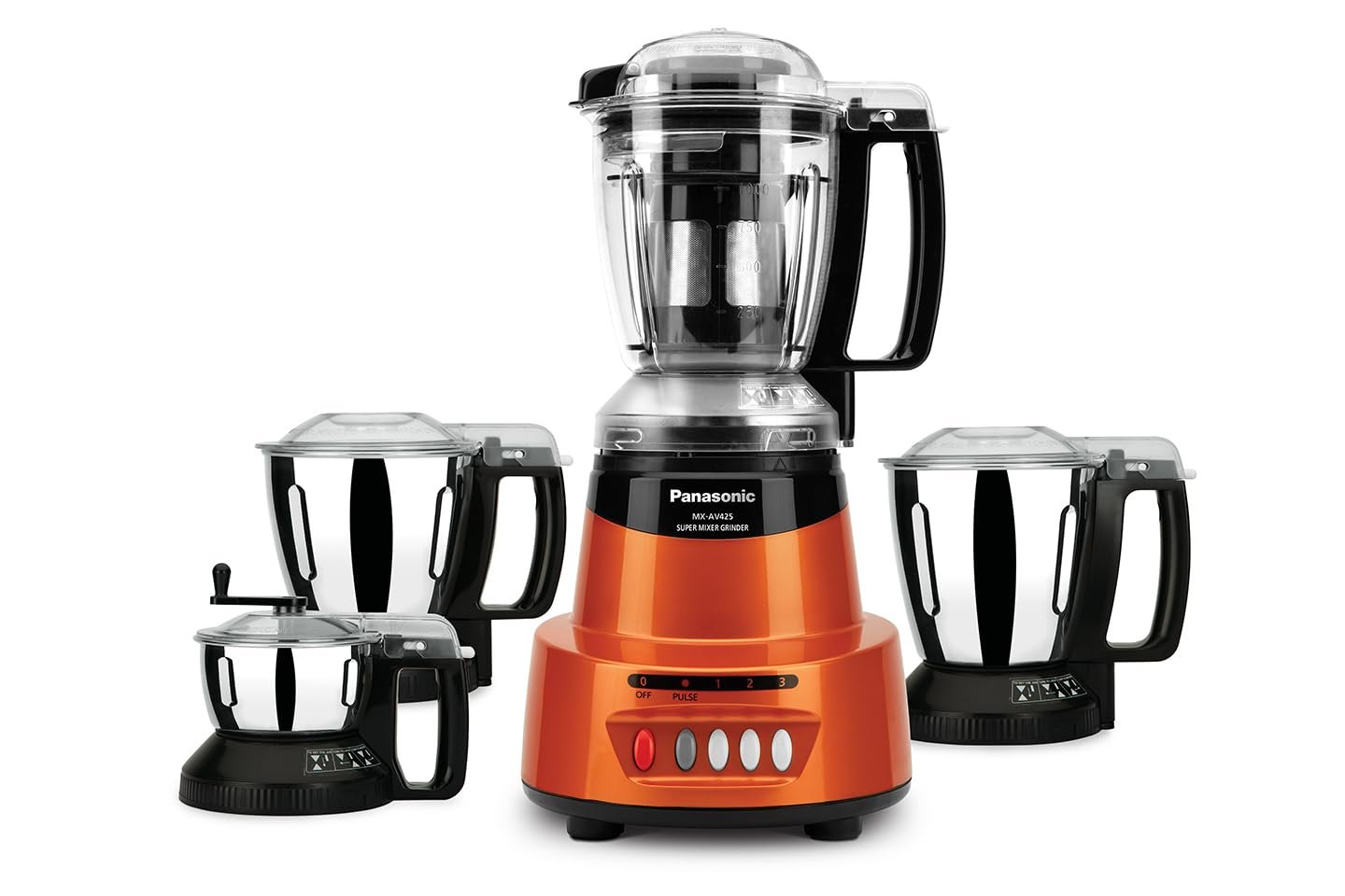 Panasonic Mixer Grinder MX-AV425, Powerful 1500W Mixer for Kitchen, 4 Jar (304-Stainless Steel) Included 1 Juicer Extractor, Heavy-Duty Grinder, Warranty 2 Yrs Product & 5 Yrs Motor, Sunstone Orange