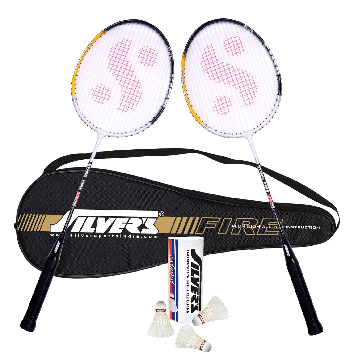 Silver's FIRE Badminton Kit (2 Racquets with Full Cover, 1 Box Feather Shuttlecock Pack of 3) FIRE Combo 1 with Feather Shuttle, Black/White