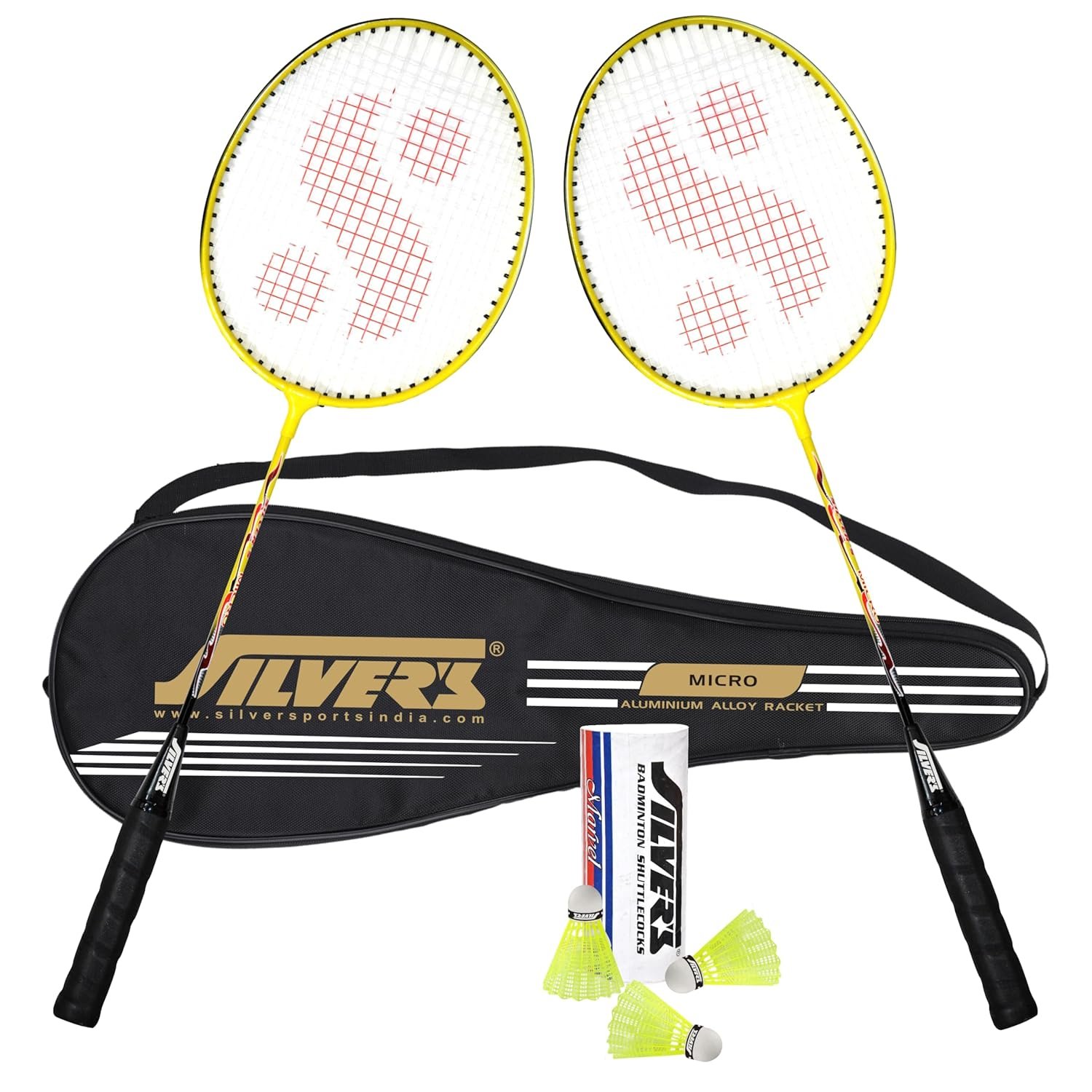 Silver's Aluminium Micro Badminton Kit (2 Racquets with Full Cover, 1 Box Shuttlecock Pack of 3) Black, Aluminium, Micro Combo 2 with Nylon Shuttle, Yellow/Black