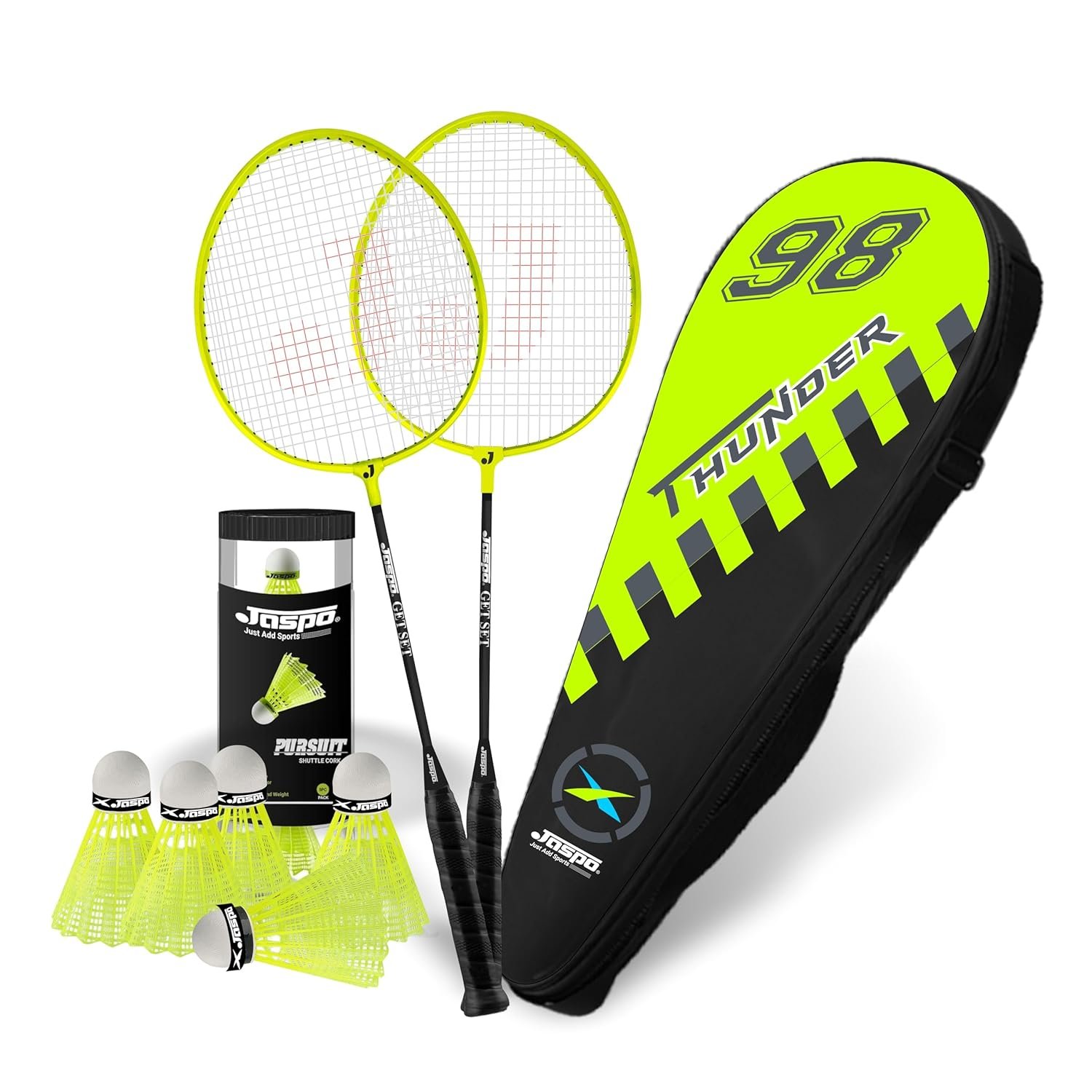 JASPO Thunder Badminton Kit,Badminton Set of Metal Alloy Rackets (Set of 2) with Full Cover Bag, 5 pcs Plastic Shuttlecocks, Ideal only for Recreational Play, Designed for Kids & Youngsters (Yellow)