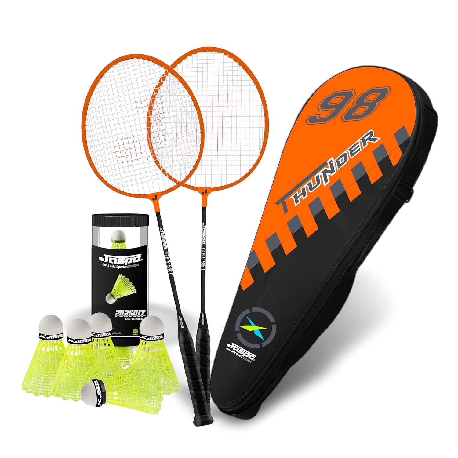 JASPO Thunder Badminton Kit,Badminton Set of Metal Alloy Rackets (Set of 2) with Full Cover Bag, 5 pcs Plastic Shuttlecocks, Ideal only for Recreational Play, Designed for Kids & Youngsters (Orange)