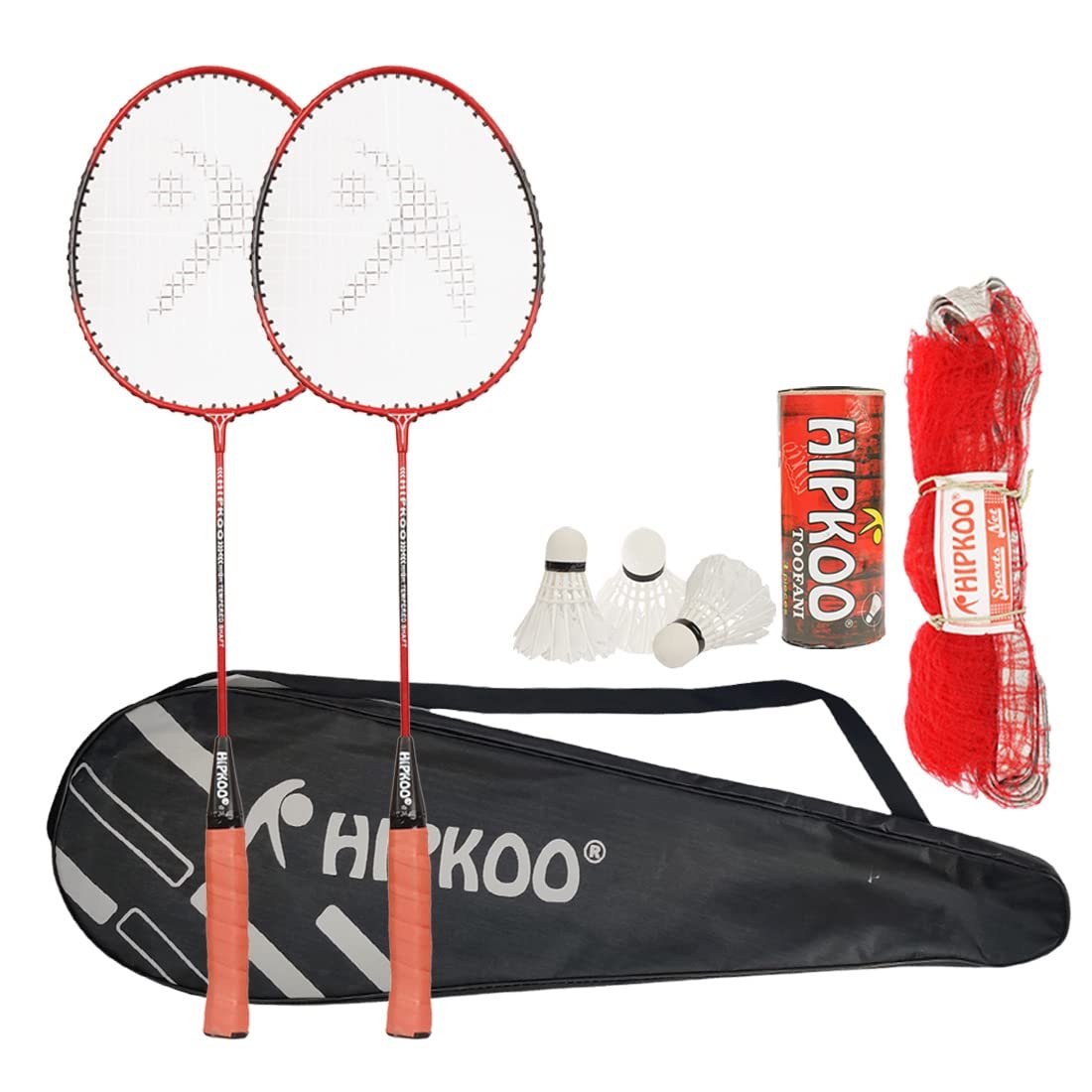 Hipkoo Sports Fine Aluminum Badminton Complete Racquets Set | 2 Wide Body Racket with Cover, 3 Shuttlecocks and Net | Ideal for Beginner | Lightweight & Sturdy (Red, Set of 2)