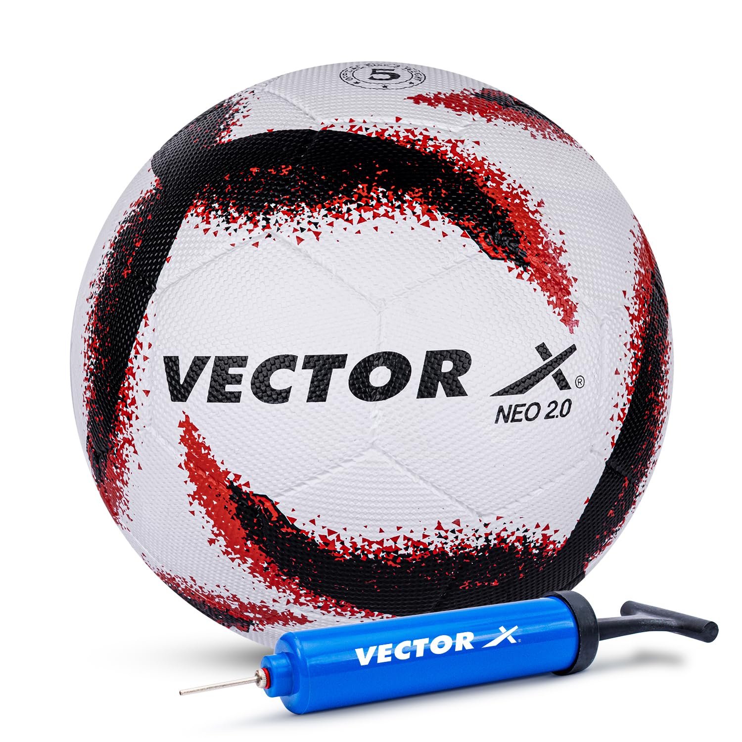 Vector X Neo 2.0 Synthetic Rubber Moulded Indoor/Outdoor Football + Pump with Butyl Bladder, White-Black, Size 5, Suitable for Match and Training for Adults 15+ Years