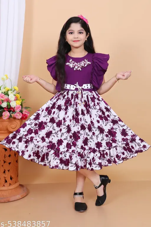 Elegent floral kid's party dress-purple and white with ruffle sleeves