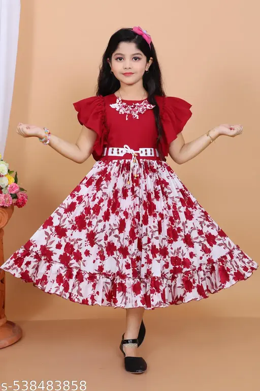 Elegent floral kid's party dress-purple and white with ruffle sleeves