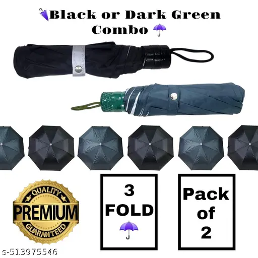 Black & Dark Green 3-Fold Umbrella Set – Stylish, Durable, & Travel-Friendly (Pack of 2)