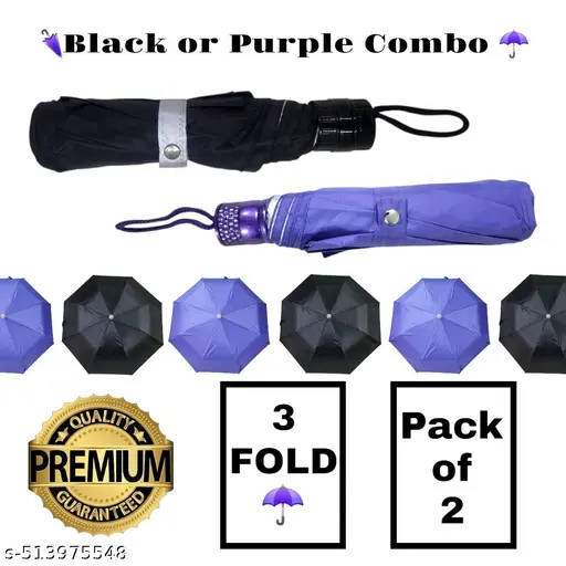Black & Purple 3-Fold Umbrella Set – Stylish, Durable, & Travel-Friendly (Pack of 2)