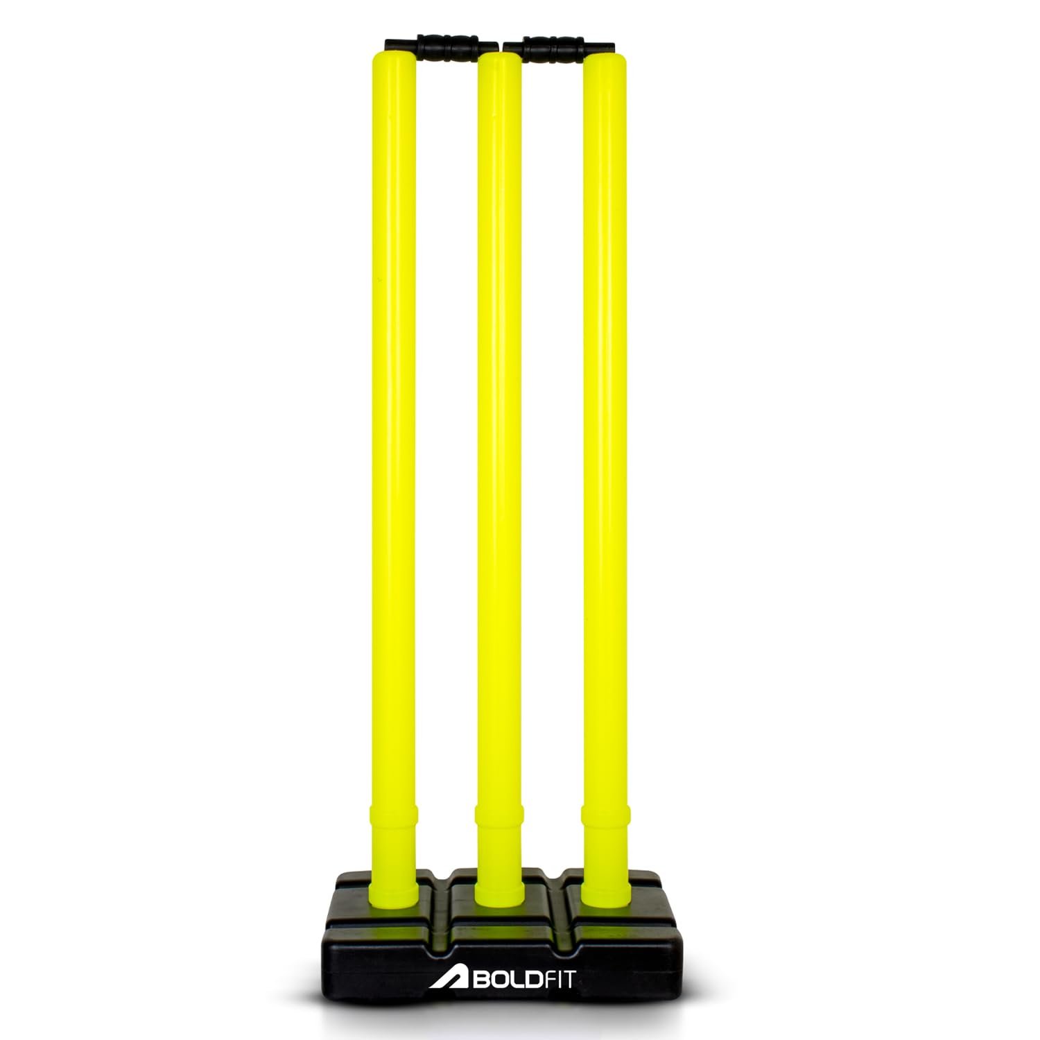 Boldfit Cricket Stumps with Stand Cricket Kit Plastic Wickets for Cricket Standard Wickets for Cricket Ground, Match, Tournament Stump with Stand & Bails- Fluorescent Green -Plastic Wickets Set