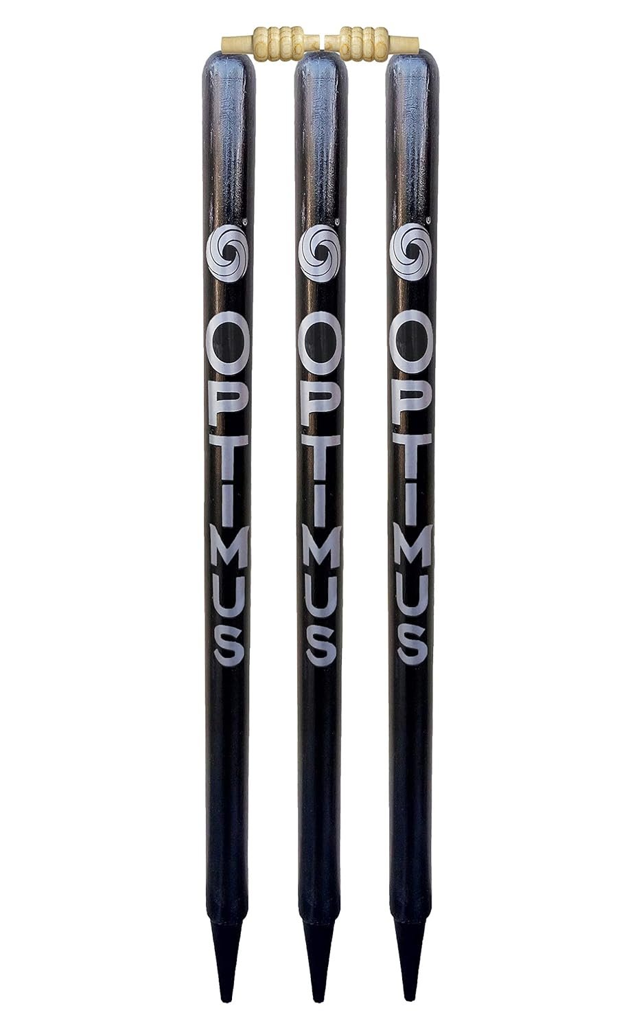 Optimus® Cricket Wooden Stumps Wickets Full Size (Eucalyptus Heavy Wood) Set of 3 with 2 Bails - Black