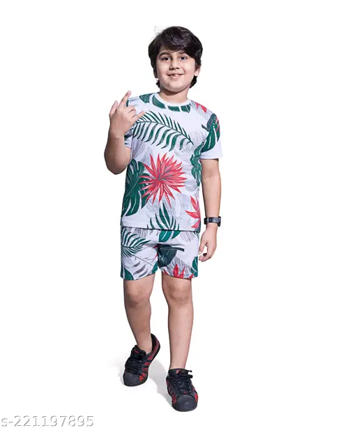 PEPP N HAGG 100% COTTON BOYS WHITE ALL OVER FLOWER PRINT SET |STYLISH | TRENDY | GOOD QUALITY | GREEN