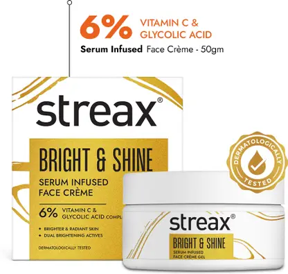 Streax Bright & Shine Serum Infused Face Cream Gel, 6% Vitamin C & Glycolic Acid