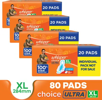 Whisper CHOICE ULTRA XL, UPTO 100% STAIN PROTECTION ALL DAY Sanitary Pad