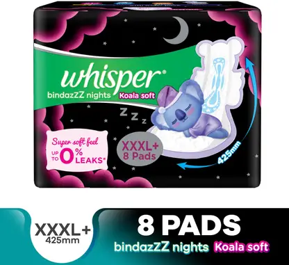 Whisper BINDAZZZ NIGHTS KOALA SOFT XXXL+ , UPTO 0% LEAKS Sanitary Pad  